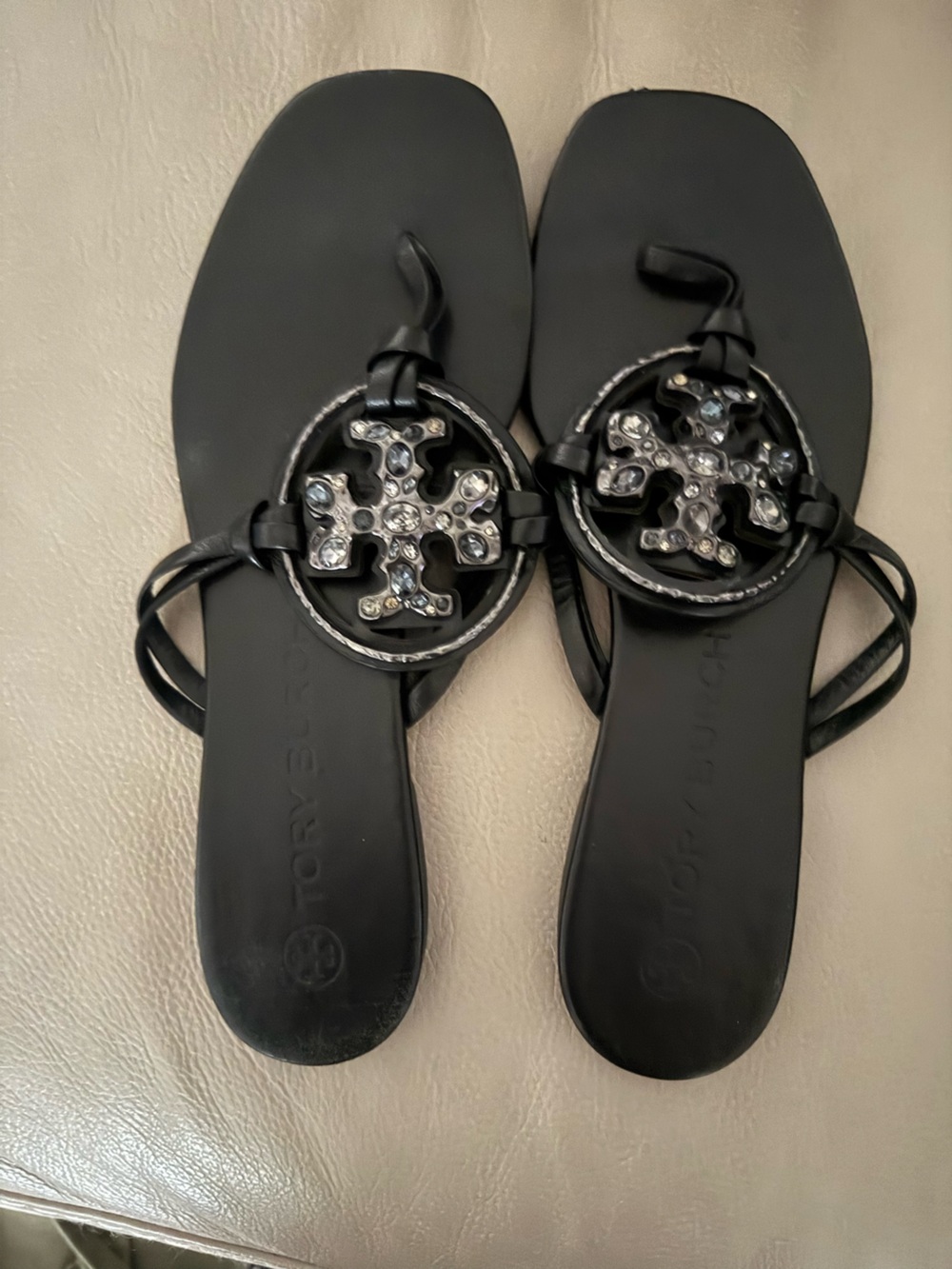 Tory Burch Black Leather Jeweled Miller Logo Toe-Loop Sandals